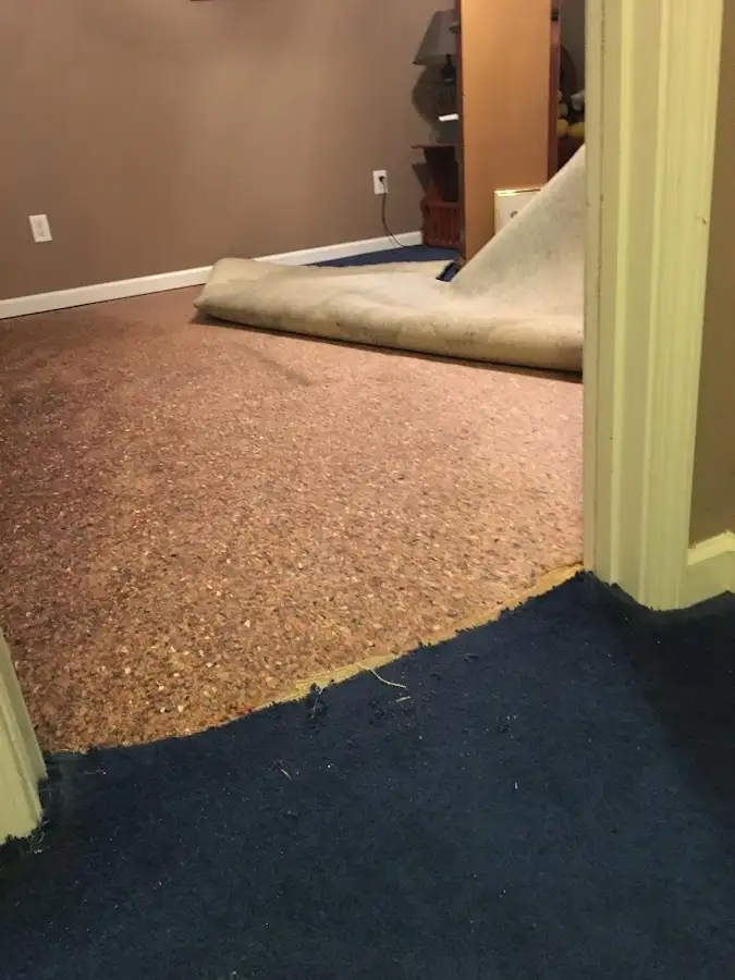 Carpet pad removal revealing water damage during Water Mitigation Services in North Salem